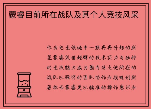 蒙睿目前所在战队及其个人竞技风采
